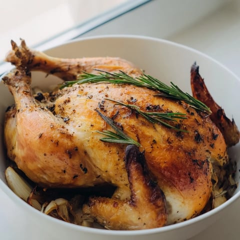 Juicy roast chicken with rosemary and garlic, boasting golden-brown, crispy skin and tempting aromas.