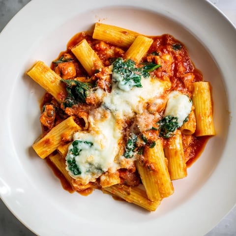 Warm, baked ziti with olives and ricotta, oozing mozzarella, ready to serve on a plate.