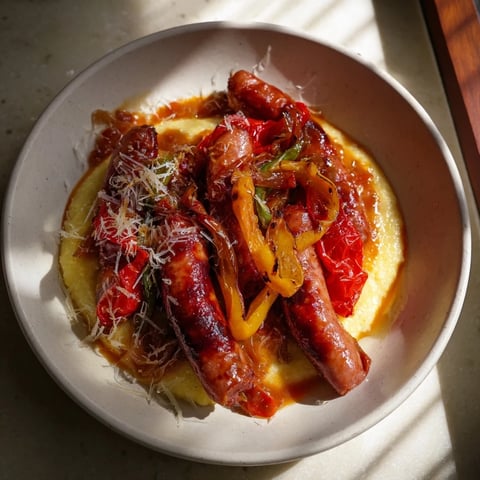 Sizzling Herb-Cozy Skillet Sausage and Peppers atop a bed of creamy, golden polenta, ready to serve.