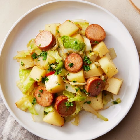 Rustic Kielbasa and Cabbage Hash served hot, smoky kielbasa mingling with golden potatoes and tender cabbage.