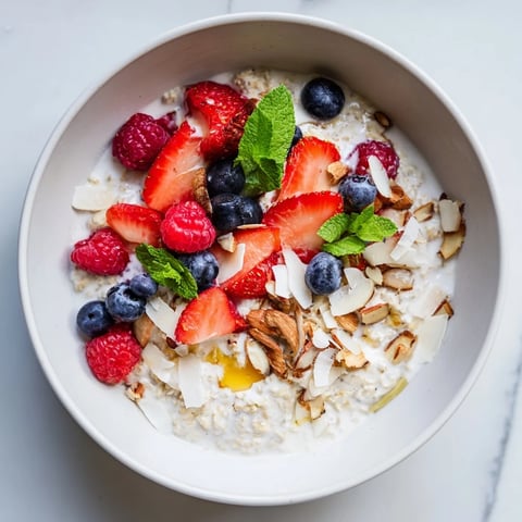 Creamy Overnight Oats with Berries and Honey, swirled with juicy red berries, ready to serve cold.