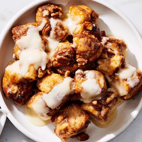 Golden-brown Cinnamon Roll Monkey Bread, a gooey pull-apart dessert with sweet caramel and icing.