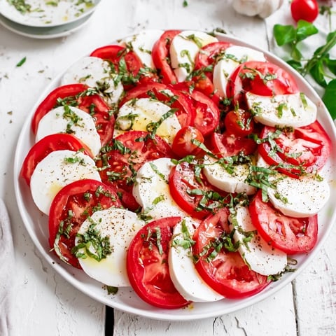 Brightly colored Caprese salad with juicy tomatoes, creamy mozzarella, and basil vinaigrette for a refreshing meal.