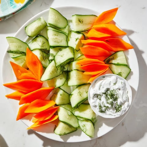 Fresh, colorful veggie platter featuring fan-shaped cucumber, carrots, and creamy herbed yogurt dip.