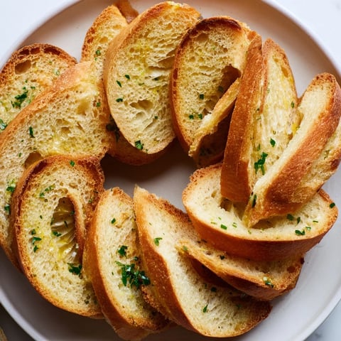 Golden, crunchy baguette slices arranged in a decorative circle, ready for serving as a simple appetizer.