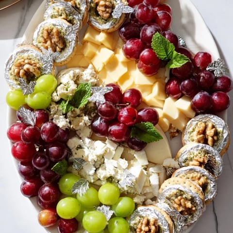 Festive Sparkling Grape platter with silver crackers, brie, cheddar, and goat cheese, ready to serve.