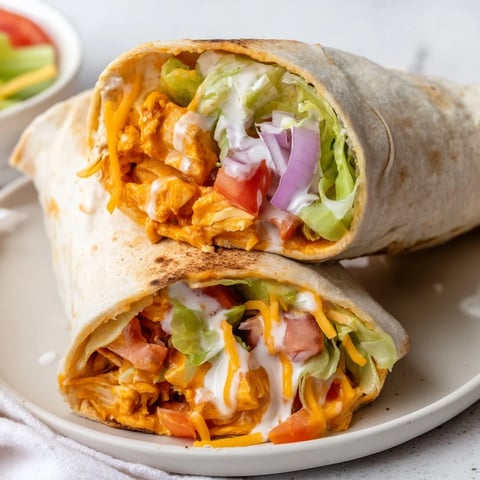 Warm, golden Buffalo Chicken Wrap, packed with spicy chicken, vegetables, and creamy ranch drizzle.