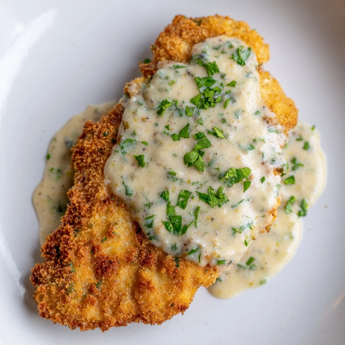 Golden, crispy chicken with garlic cream sauce, perfectly cooked for an easy, delicious weeknight meal.