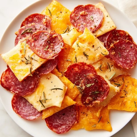 Crispy, golden-brown charcuterie chips: a delicious appetizer made with baked meats and cheeses.