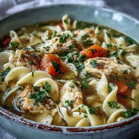 Close-up of steaming homemade Chicken Noodle Soup in a white bowl, featuring tender chicken, carrots, celery, and curly egg noodles in golden broth.