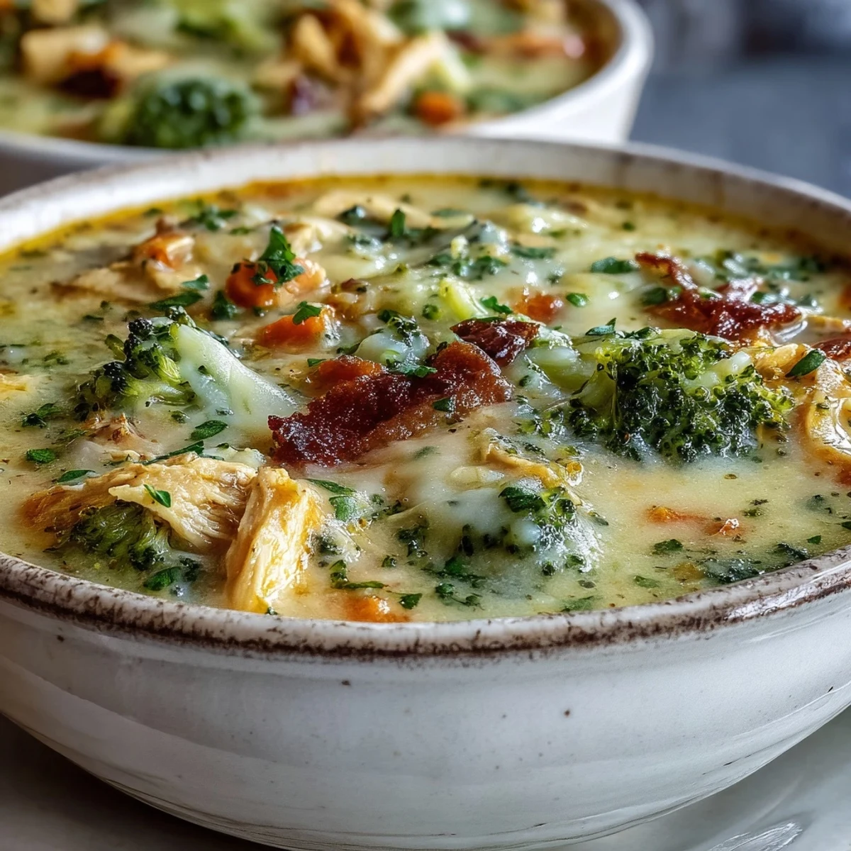Creamy Best Chicken Broccoli Cheddar Soup with tender chicken, fresh broccoli, and melted sharp cheddar in a rustic bowl.