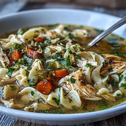 Hearty chicken and noodle soup with tender shreds of meat and vibrant carrots in a rich broth, served steaming in a rustic bowl.