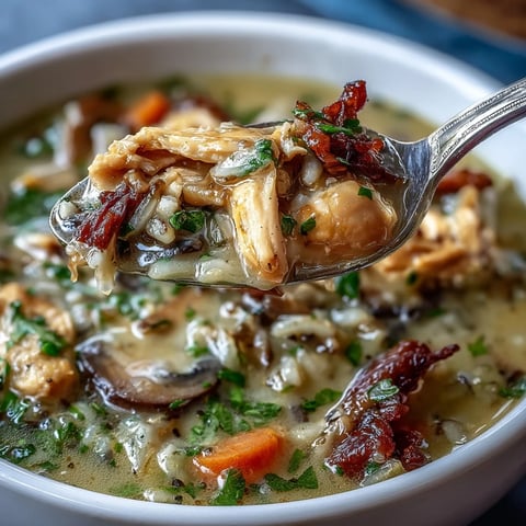 Creamy Parmesan Mushroom Chicken and Wild Rice Soup steaming warmly in a rustic bowl, topped with fresh parsley.