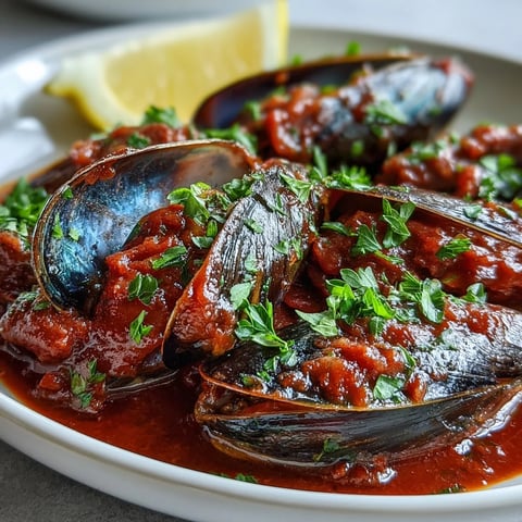 Freshly steamed Smoky Mussels Pomodoro simmering in a rich, spicy tomato broth, garnished with parsley and lemon wedges on a rustic wooden table.
