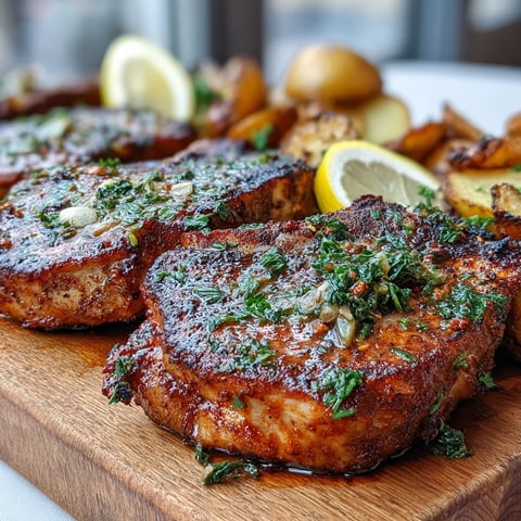 Roasted Aleppo Pork Chops paired with golden potatoes and sautéed greens on a rustic dinner plate.