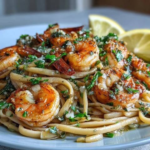 Shrimp Scampi With Linguine glistens with a garlic butter sauce, parsley flecks, and lemon wedges on the side.