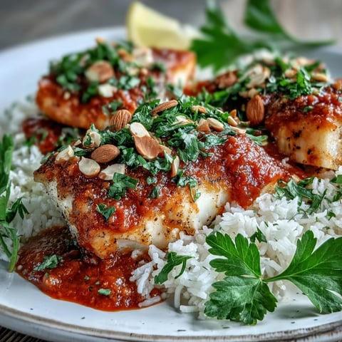 Golden-baked cod fillets nestled in a zesty roasted tomato sauce, topped with toasted spiced almonds and fresh parsley on ginger rice.