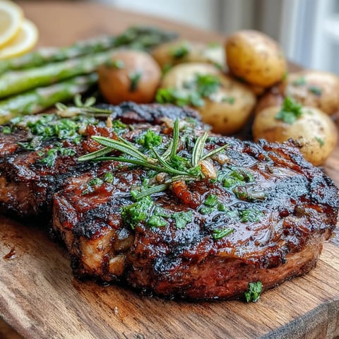 Sizzling grilled bone-in rib eye steak resting on a platter with charred asparagus and buttered potatoes.