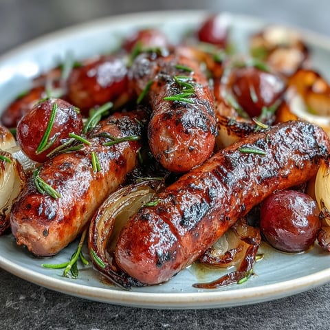 Golden-brown roasted sausages nestled among caramelized red grapes and onion wedges, garnished with fresh rosemary for an Italian-inspired main dish.