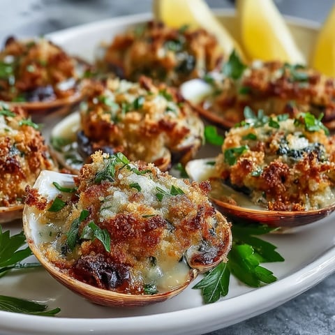 Golden roasted clams with lemony panko crumbs and fresh parsley garnish, served on a baking sheet with lemon wedges.