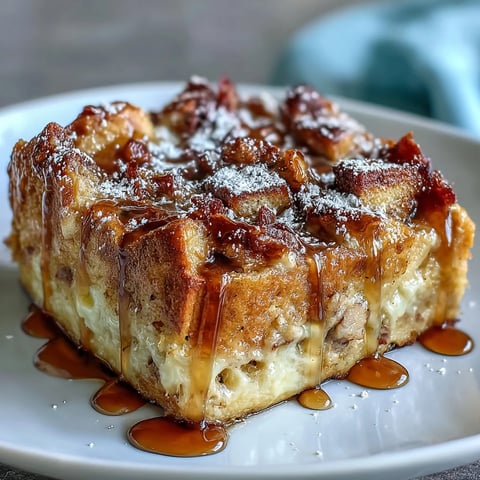 Golden-brown Monte Cristo Breakfast Casserole, dusted with powdered sugar, ready to slice.