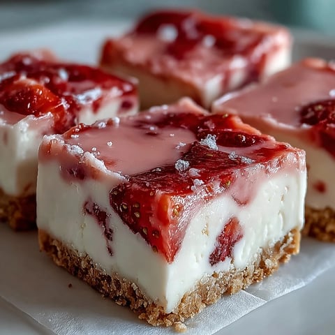 Chilled No-Bake Strawberry Fudge Squares topped with fresh berries on a rustic table.