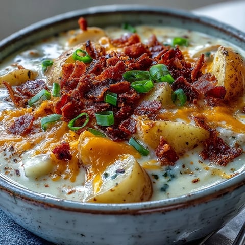 Steaming Loaded Potato Soup topped with crispy bacon crumbles, sharp cheddar, and fresh green onions sits beside a thick slice of crusty bread.