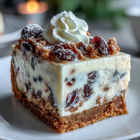 Freshly baked Christmas Cheesecake Slab squares topped with whipped cream and snowy icing sugar on a rustic wooden board. 