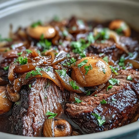 Slow-cooked Savory Crock Pot French Onion Pot Roast with tender beef, caramelized onions, and melted Gruyère cheese in a rich jus.