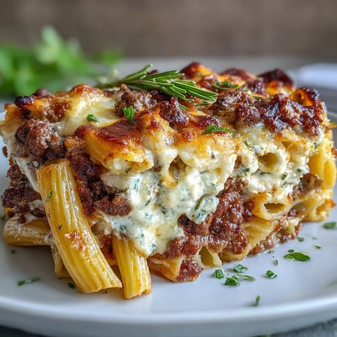 Golden, bubbling mozzarella tops a baked dish of Cottage Cheese Protein Pasta Bake with Ground Beef, with fresh basil garnish.