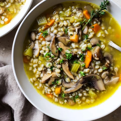 A close-up of a hearty, bubbling one-pot Wild Mushroom and Barley Soup, perfect for a cold evening.