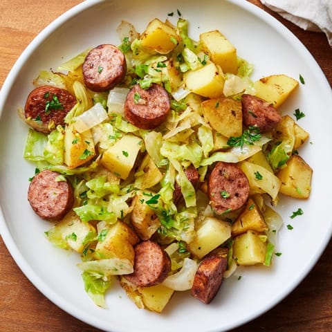 A steaming skillet of Rustic Flint-Style Kielbasa and Cabbage Hash with vibrant veggies and browned sausage.