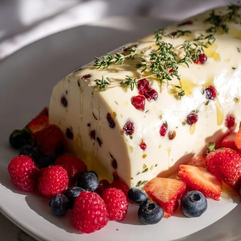 A beautifully presented cranberry & goat cheese log, encircled by fresh, colorful berries for snacking.