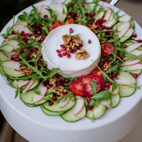 Drizzled dressing over the Zenith Point salad, featuring an artisanal cheese wheel centerpiece.