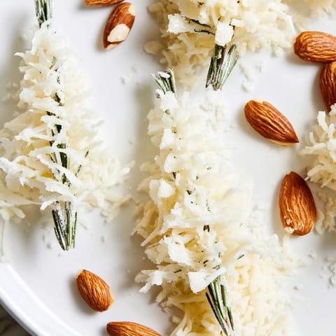 A festive The Frosted Pine appetizer cheese board presentation of "frosted pines" amidst snowy cheddar and almond pinecones.