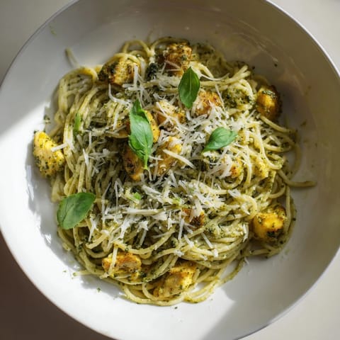 A vibrant bowl of pesto egg and chicken pasta, featuring perfectly cooked chicken and fresh basil.