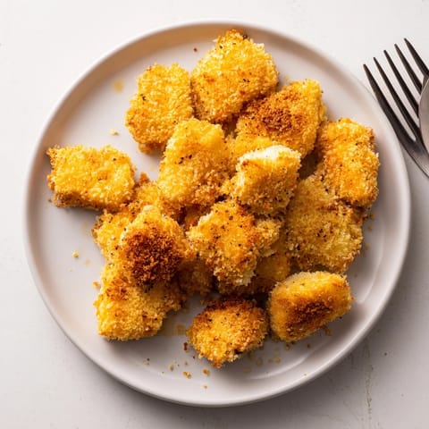 A close-up of delicious air fryer un-fried chicken nuggets, juicy inside with a flavorful crust.