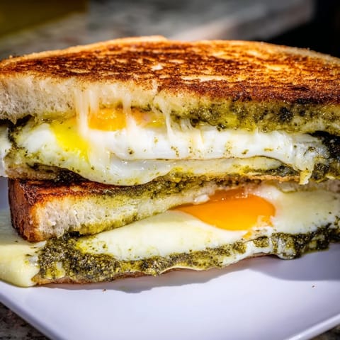Buttery, toasted sourdough sandwich: Inside is a flavorful Pesto Egg Grilled Cheese with runny yolks.