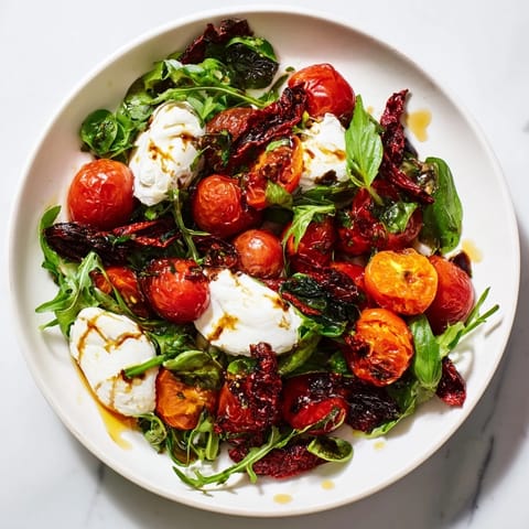 Delectable Tomato Flight Salad showcases roasted cherry tomatoes alongside creamy burrata and basil for a flavorful bite.