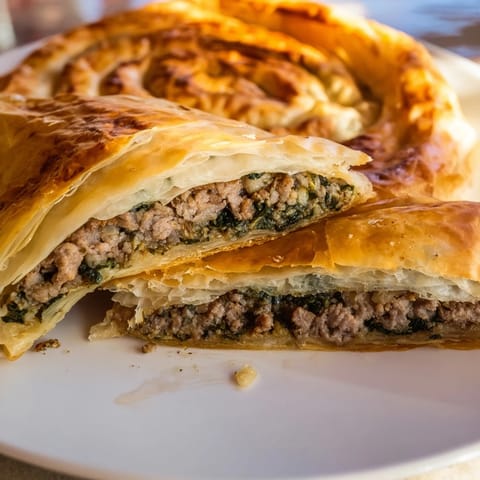 A close-up view of fresh-baked Bosnian Burek, showcasing flaky layers filled with seasoned meat.