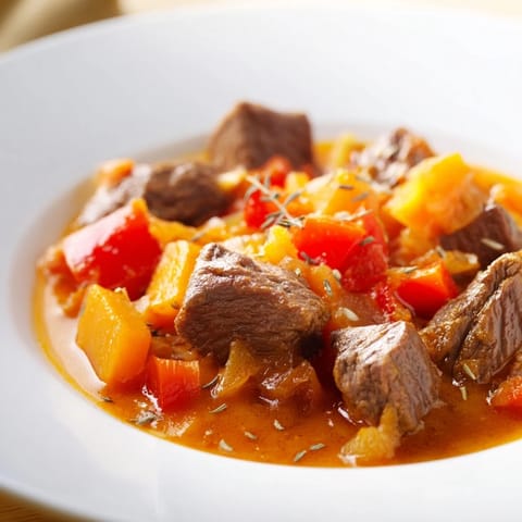 A close-up of a hearty Hungarian Goulash Stew, showcasing chunks of beef and vibrant vegetables in thick sauce.