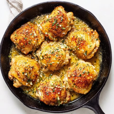 Tender bone-in chicken thighs roasted with aromatic garlic butter and herbs, ready to serve on a plate.