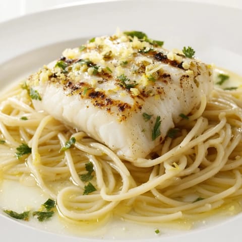 A close-up of flaky white fish atop al dente pasta coated in a glossy, zesty lemon-garlic sauce, with lemon wedges on the side.