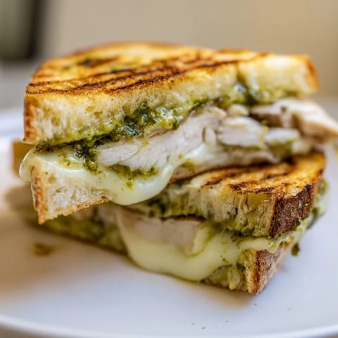 Sliced Ciabatta panini filled with grilled chicken, basil pesto, fresh mozzarella, and ripe tomato slices.