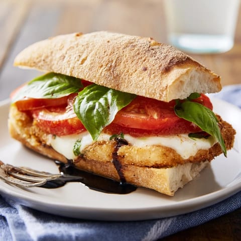 A close-up view of a Crispy Chicken Caprese Sandwich loaded with fresh basil, ripe tomato, and balsamic drizzle.