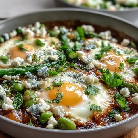 Colorful spring vegetable shakshuka served with lemon wedges and warm crusty bread slices. 