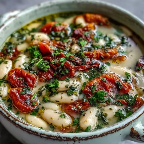 A steaming pot of White Bean Soup with Tomato next to crusty artisan bread and fresh herbs on a wooden table.