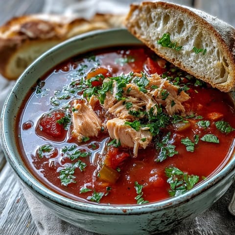 Hearty Italian-inspired Tuna and Tomato Soup simmering with diced tomatoes, onions, and carrots in a rustic pot.
