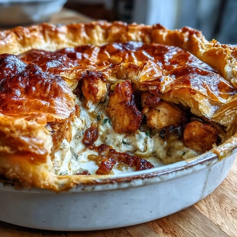 Freshly baked Chicken and Leek Pie emerges from the oven with a golden, flaky pastry crust, revealing a rich, creamy filling of tender chicken and sautéed leeks.