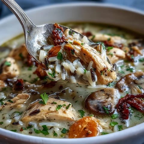 Hearty Parmesan Mushroom Chicken and Wild Rice Soup ladled into a ceramic bowl, garnished with grated Parmesan and thyme.